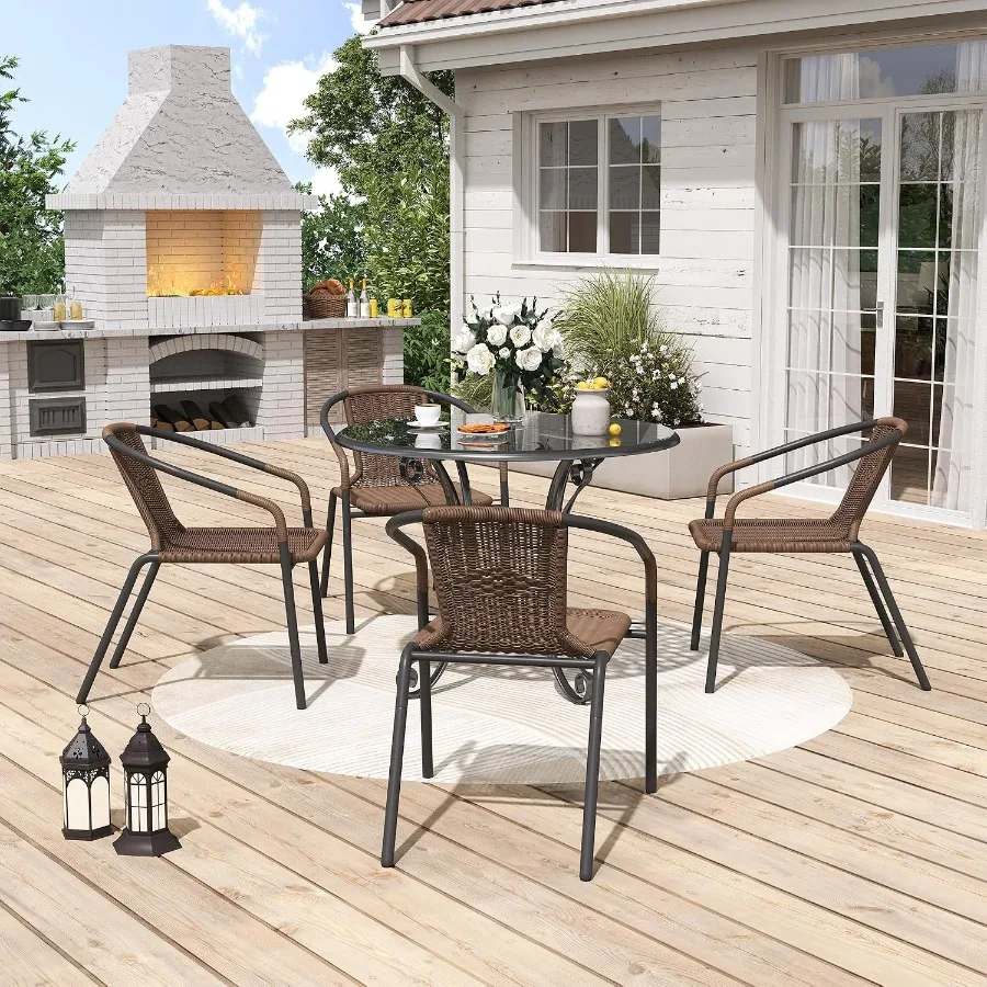 Set of 4 Stackable Rattan Dining Chairs with Curved Back & Powder-Coated Steel Frame for Indoor Outdoor Use, Easy Assembly