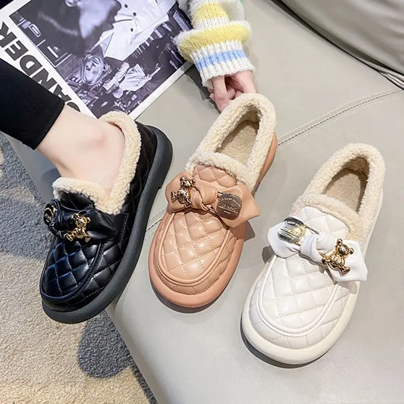 Feerldi مقاوم للماء الفراء الأخفاف امرأة شتاء دافئ أفخم الشقق السيدات البيج الأسود أحذية الباليه مقاومة البرد أفخم المتسكعون #5