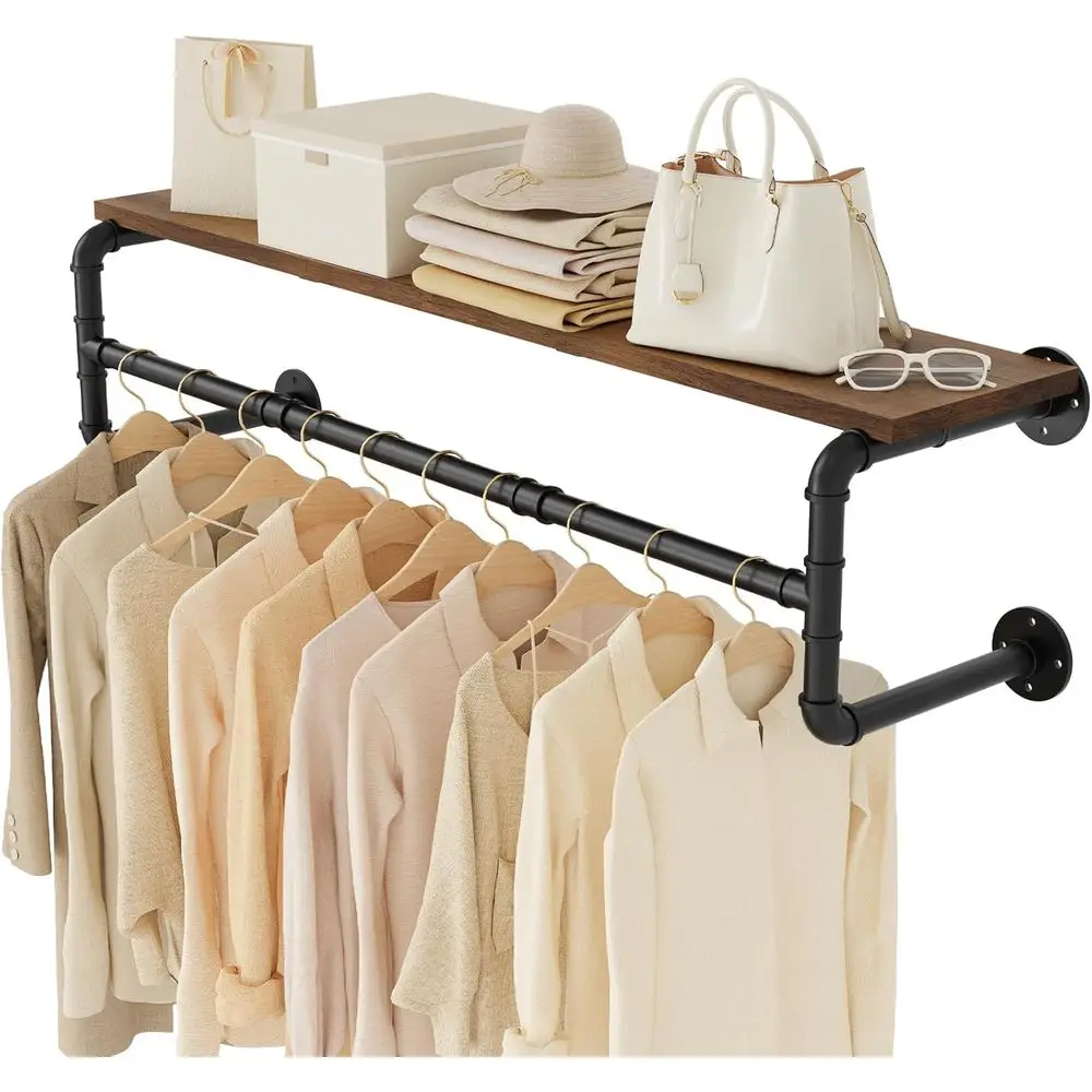 

Industrial Pipe Clothing Rack with Shelves, Wall Mounted, Space Saving Closet Rod with 4 Bases, for Shops, Homes, 41.3''Lx10.2''