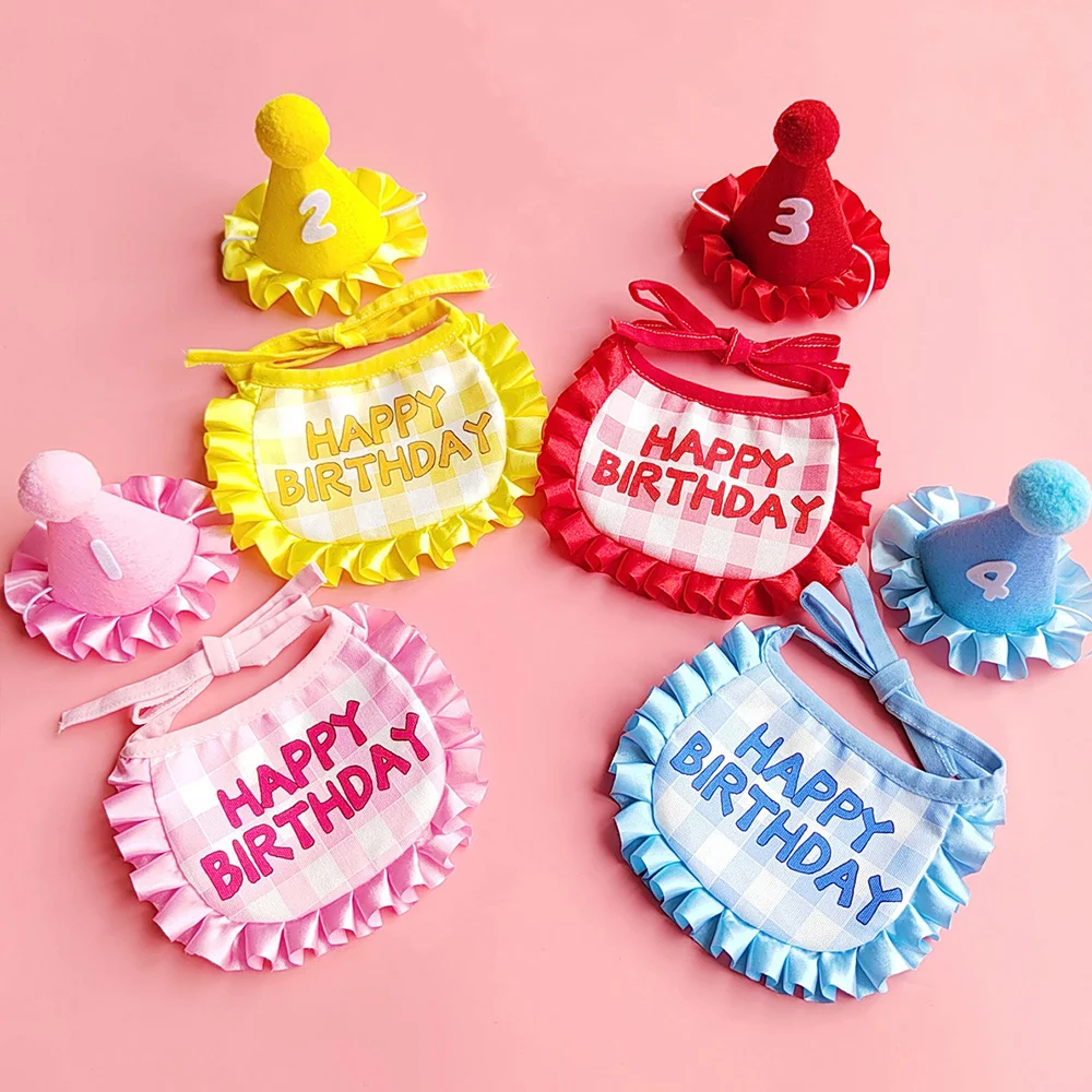 Pet Birthday Party Dressing Props Dog Birthday Scarf Hat Set Lace Bib Hat For Dog And Cat Birthday Celebration Pet Supplies