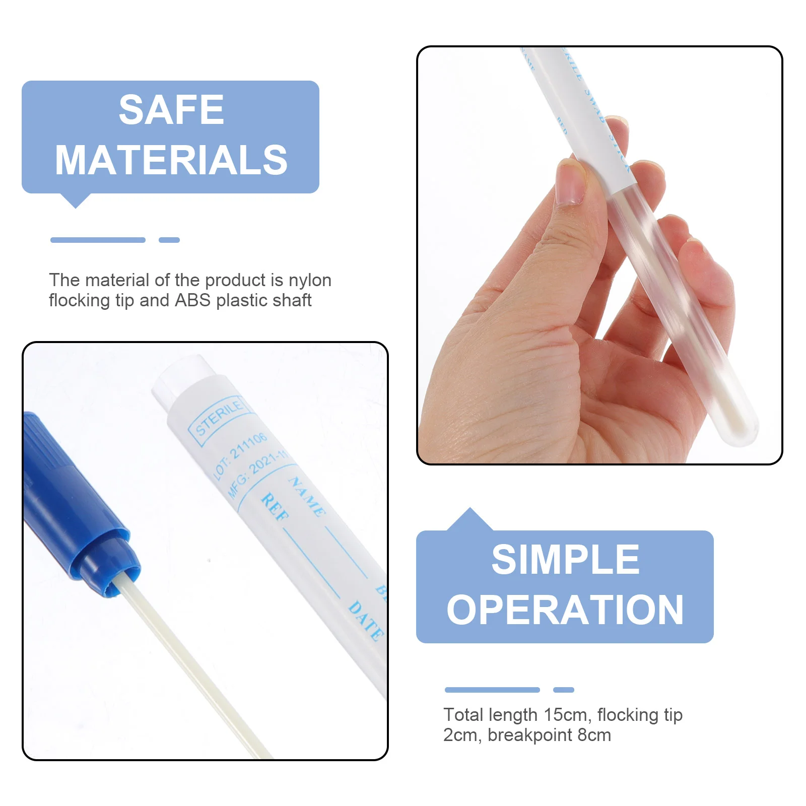 50 ชุด Flocked Tapered Swab Sampling Multi-Function Pharynx Swabs ทําความสะอาดปราศจากเชื้อ