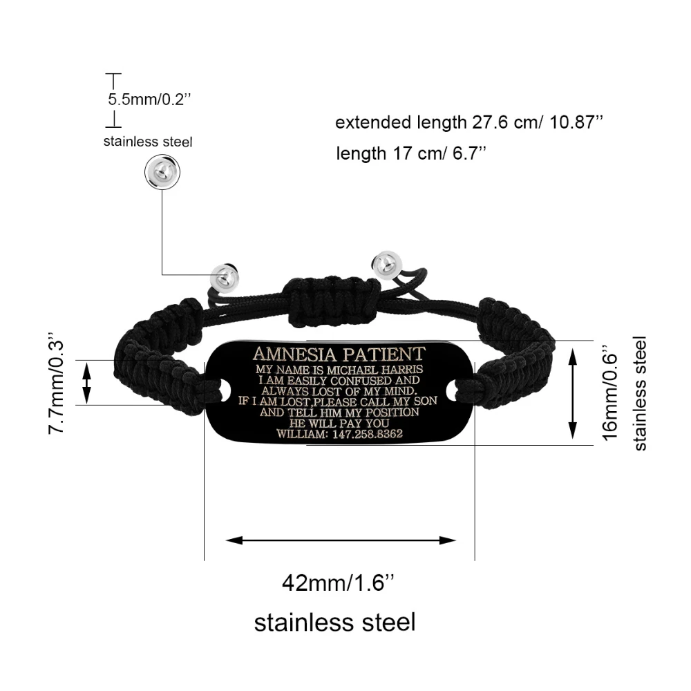 Woven Bracelet Customized Dementia Medical Disease Information Personalized Identity Stainless Steel Curved Plate Adjustable