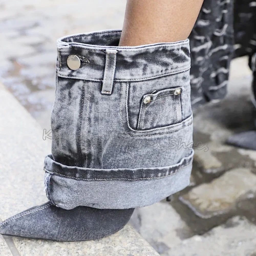 

Modern Ankle Boot Pockets Denim Cloth Button Fashion Luxury Elegant Novelty Sexy Concise Spicy Girls Shoes New Pointed Toe Heels