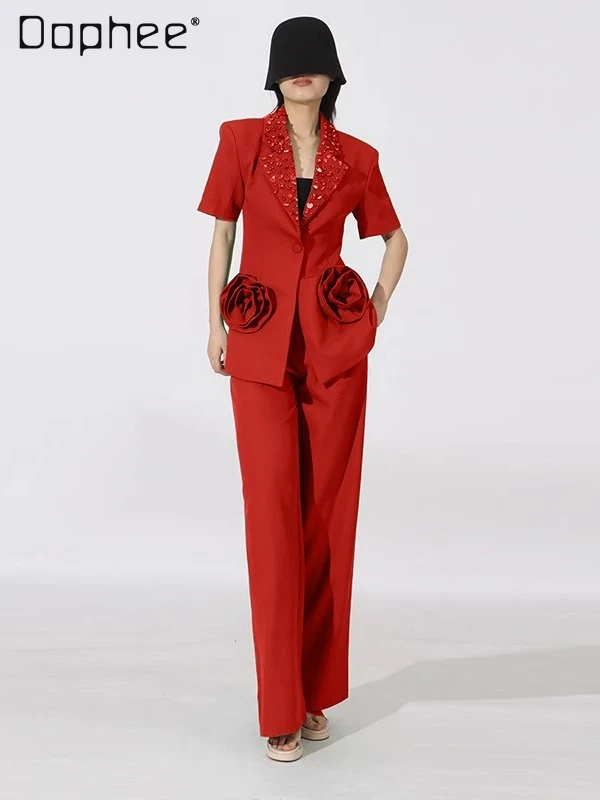 

Elegant High-End Suit Heavy Beading Rhinestones Turn-Down Collar Short Sleeve Blazer Straight-Leg Pants Commuter Style Outfits