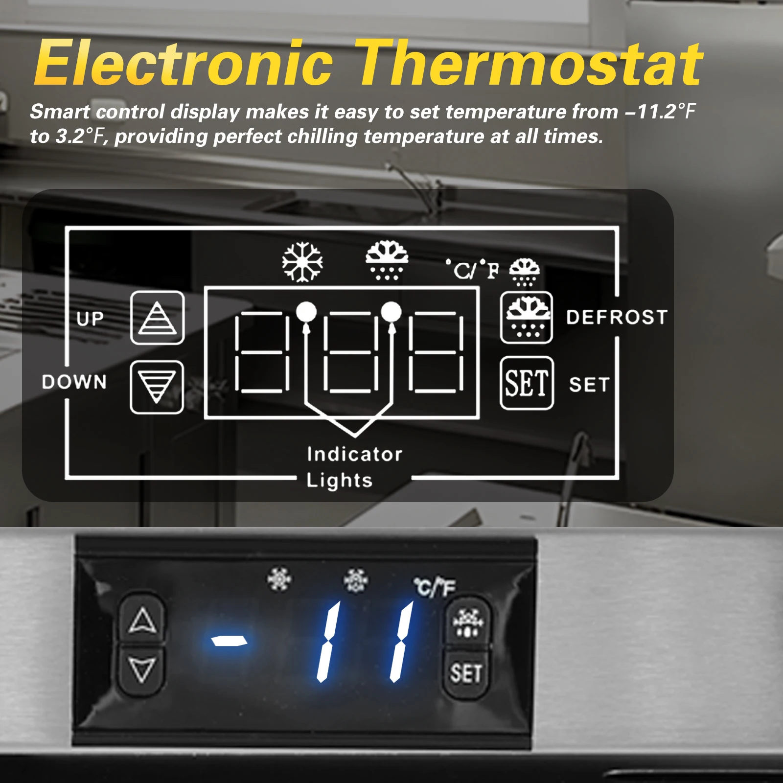 HCK Freezer, Undercounter Refrigerator with Stainless Steel Body, Electronic Temperature Control, Lockable Door, 3 Movable Baske