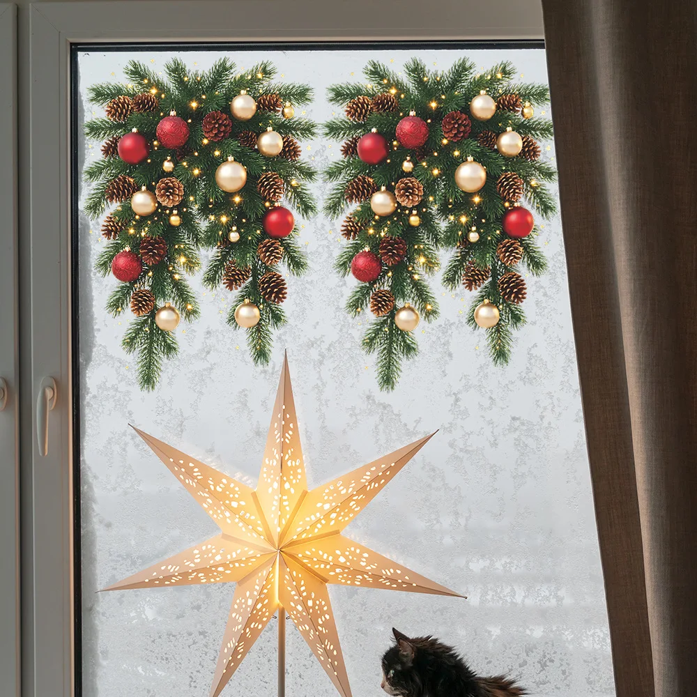 Artificial Pine Sprigs Baubles Christmas Static Window Clings, Removable Glass Stickers for Home Xmas Festival Window Decor