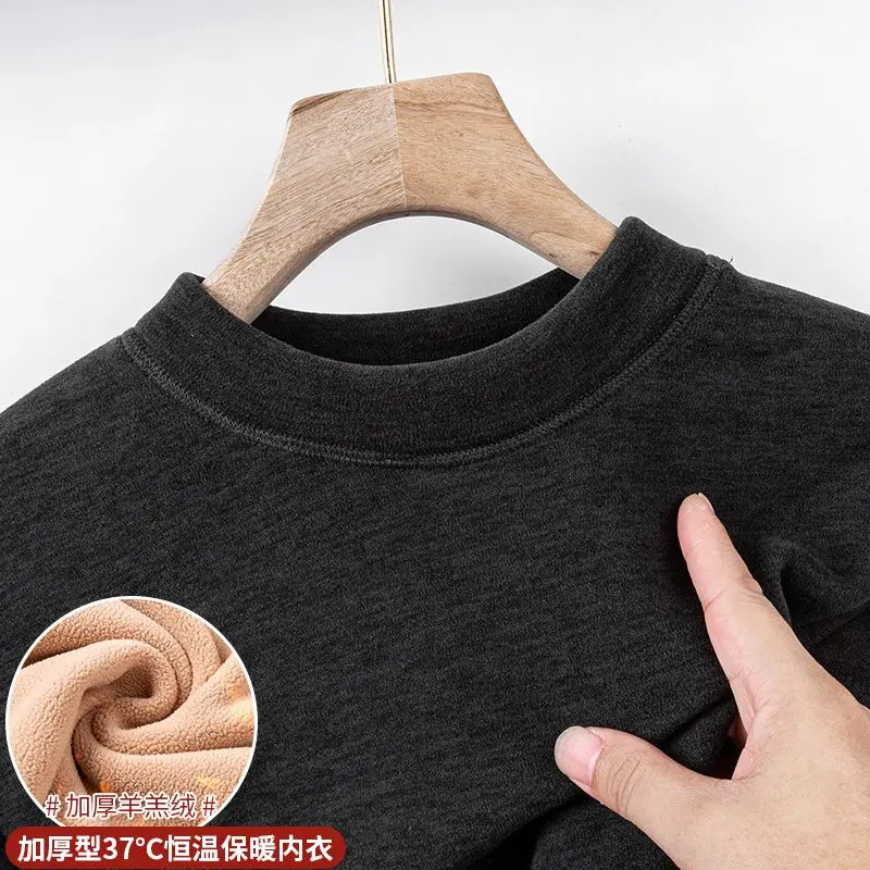 Men's Warm Top Thicken Solid Stretchy Lambswool Fleece Lining Bottoming Pullover Thermal Underwear Constant Temperature Tshirts