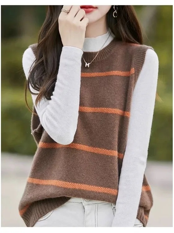 

Модный полосатый вязаный жилет для женщин, свободная верхняя одежда на осень-зиму, свитер для многослойных образов, маленький размер, для повседневной носки