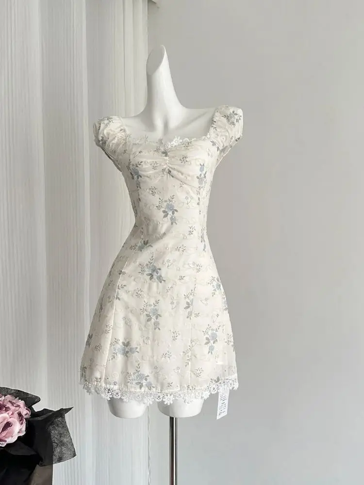 

Floral Print Summer Dress Women Sumeen Style Puff Sleeve Collar Dresses Tie Waist Lace Trim Evening Party Date Night Fashion New