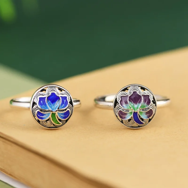 BOCAI New Solid S925 Sterling Silver Jewelry Open Burnt Blue Lotus Women Ring Birthday Gift