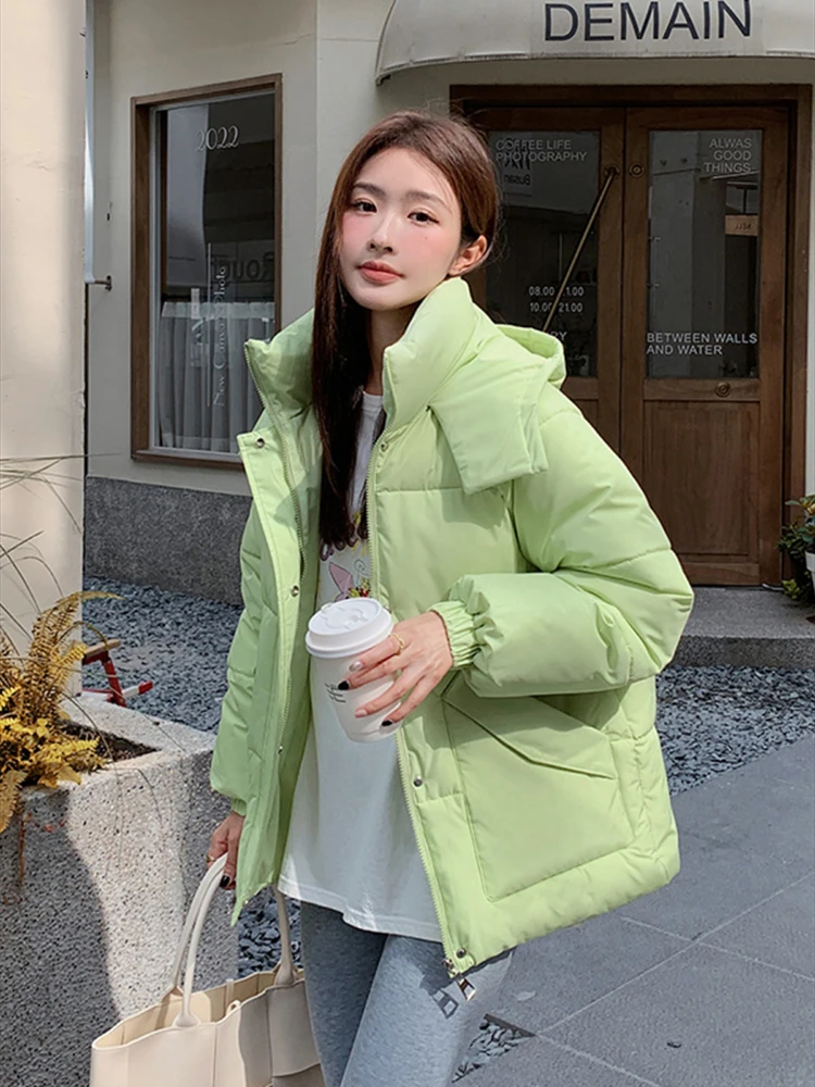 

2023 New Winter Coat Women's Hooded Puffer Jacket Cotton Coats Casual Parka Overcoat Female Black Outerwear Clothes