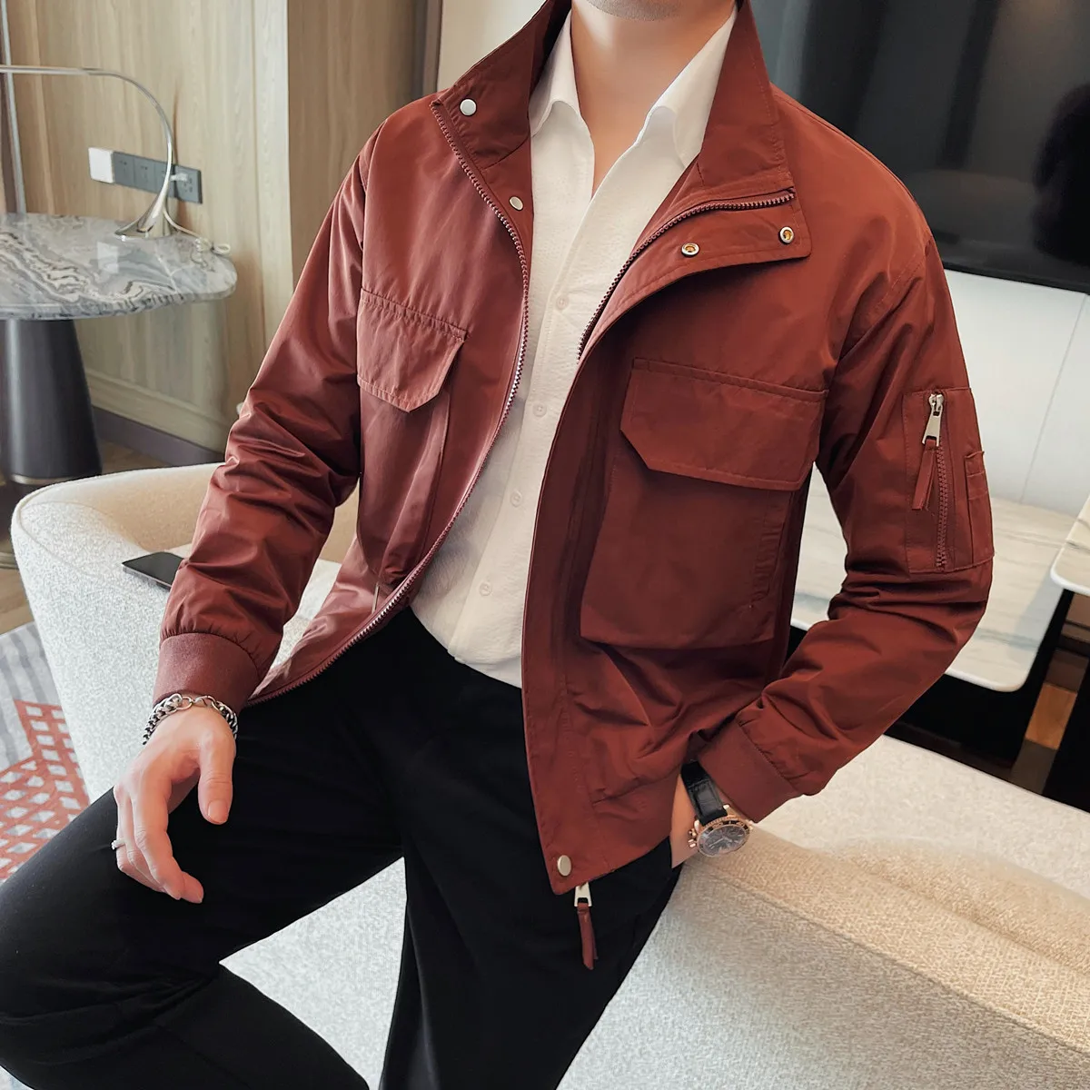 

Brand Clothing Men High Quality Casual Jackets/Male Slim Solid Color Stand Collar Large Pocket Design Casual Jacket fashion Coat