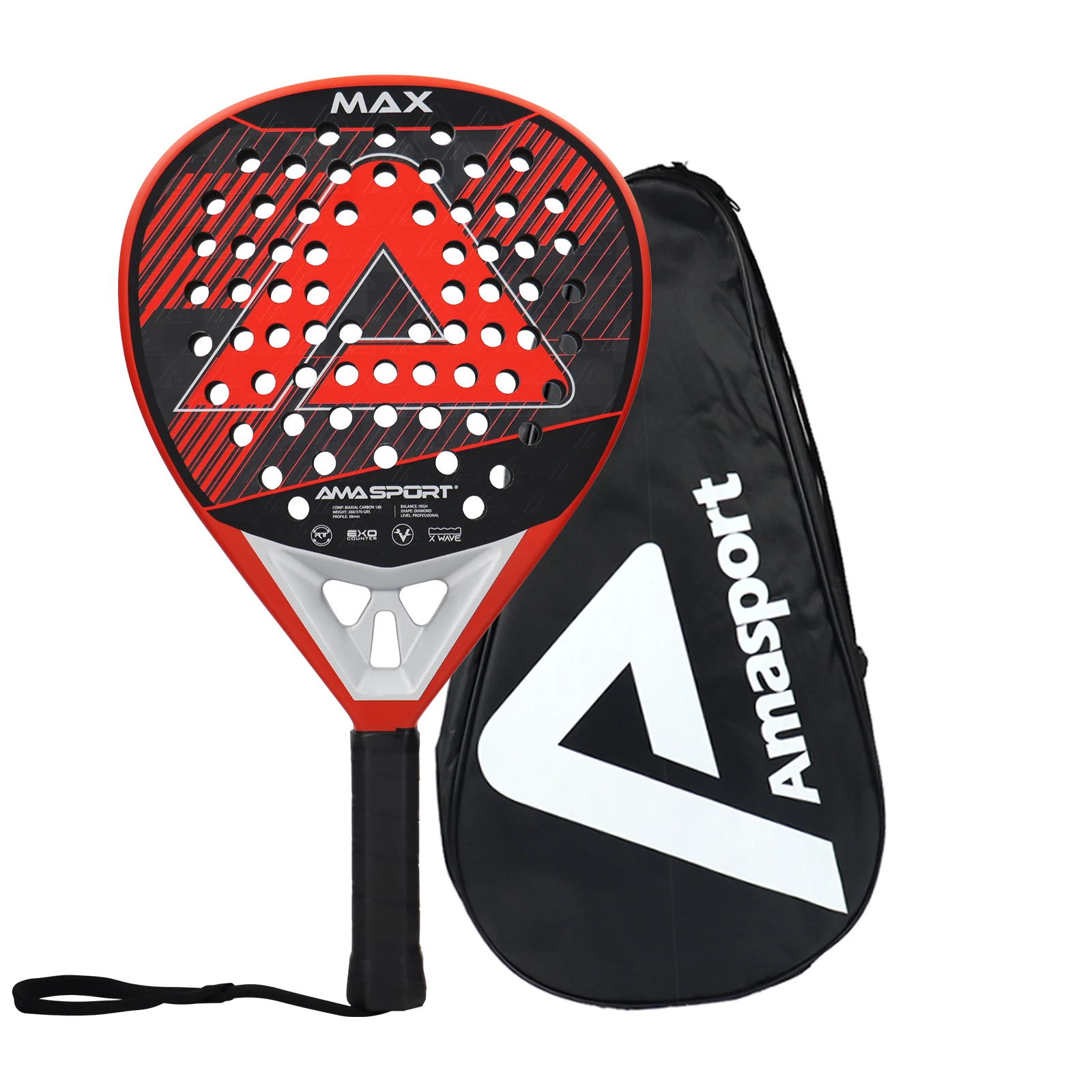 

AMASPort-Carbon Fiber Padel Racket, 3D Surface, Diamond and Tear Shape, High Blance for Advanced Players, 18K