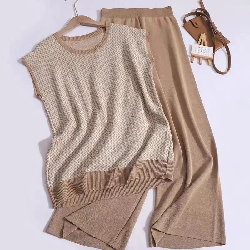 Knitt Pants Suit 2024 Summer New Vintage Elegant Loose Casual Waistcoat Vest with Solid Color High Waist Trousers Two-piece Set