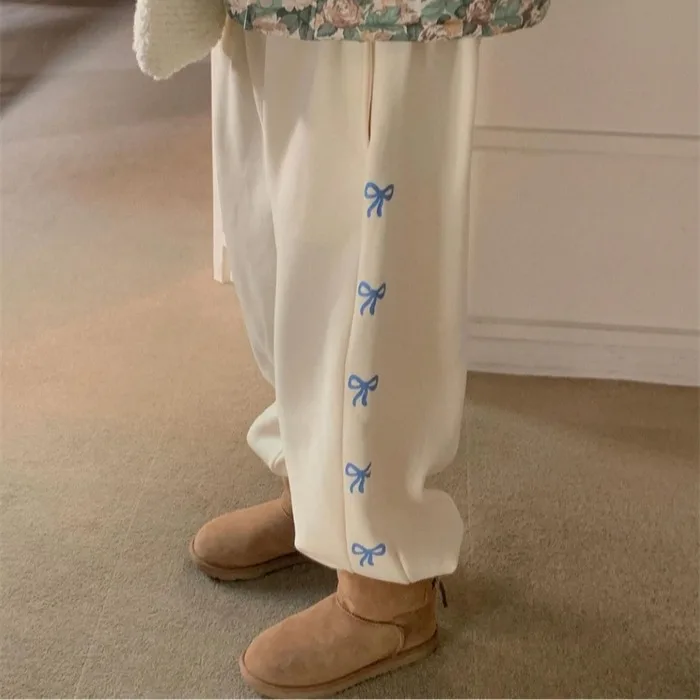 South korea Simple Japan fashion Cute Bow Print Cream Color Fleece-lined Thick Warm Casual Elastic Waist Sweatpants