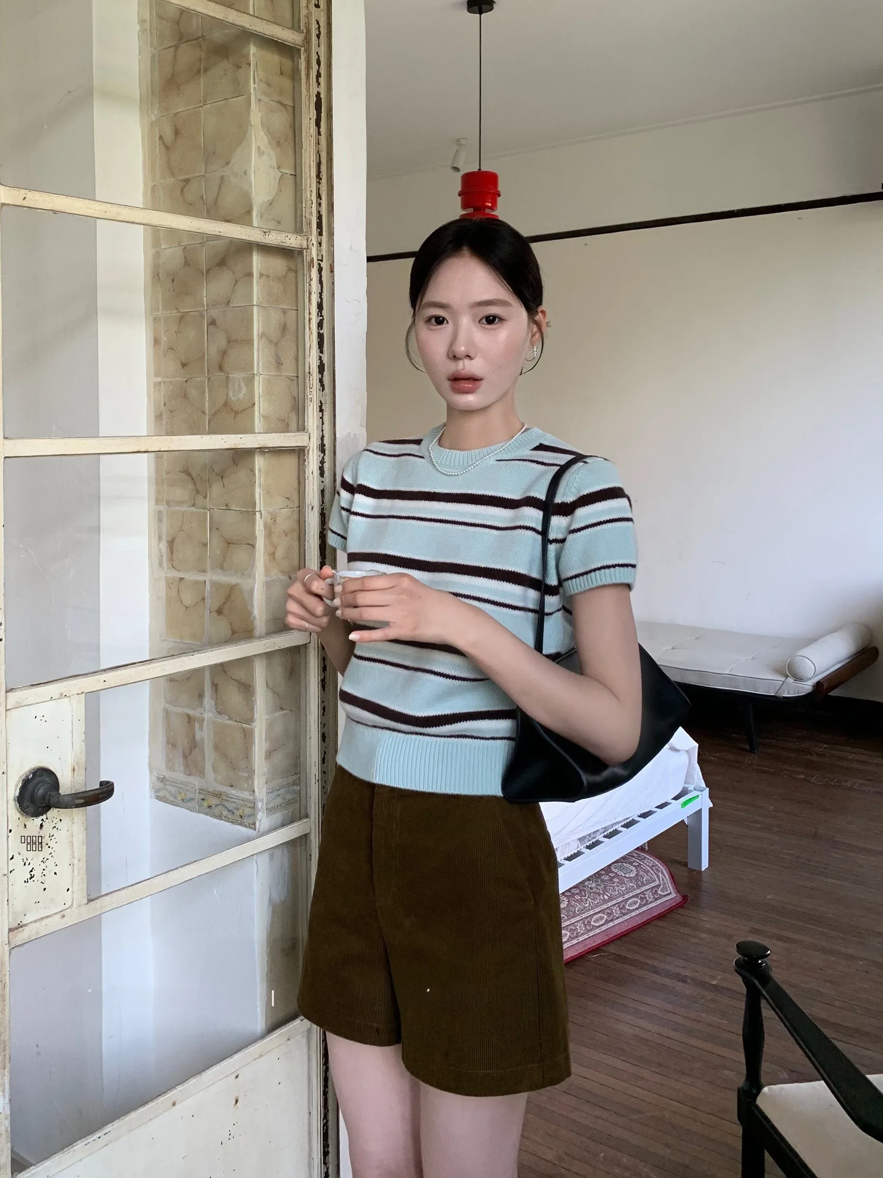 

Korean Sle Striped Woolen Knitted ort Sve Women's Top Large Flower Mint Oreo ort Sve Knitted Sweater Fem Faion