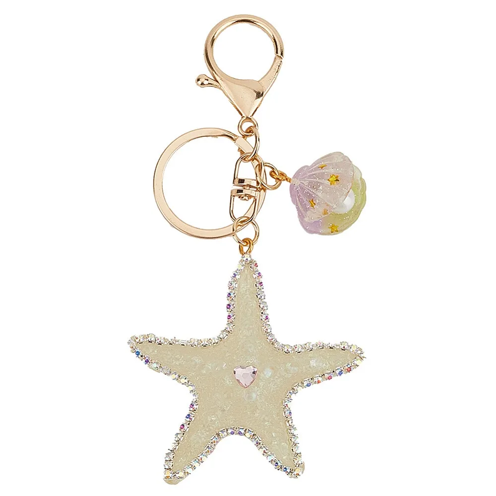 

1Pc Studded Starfish Shell Car Zinc Alloy Keychain Acrylic Cute Men and Women Bag Pendant Metal Keychain Ring Gift White