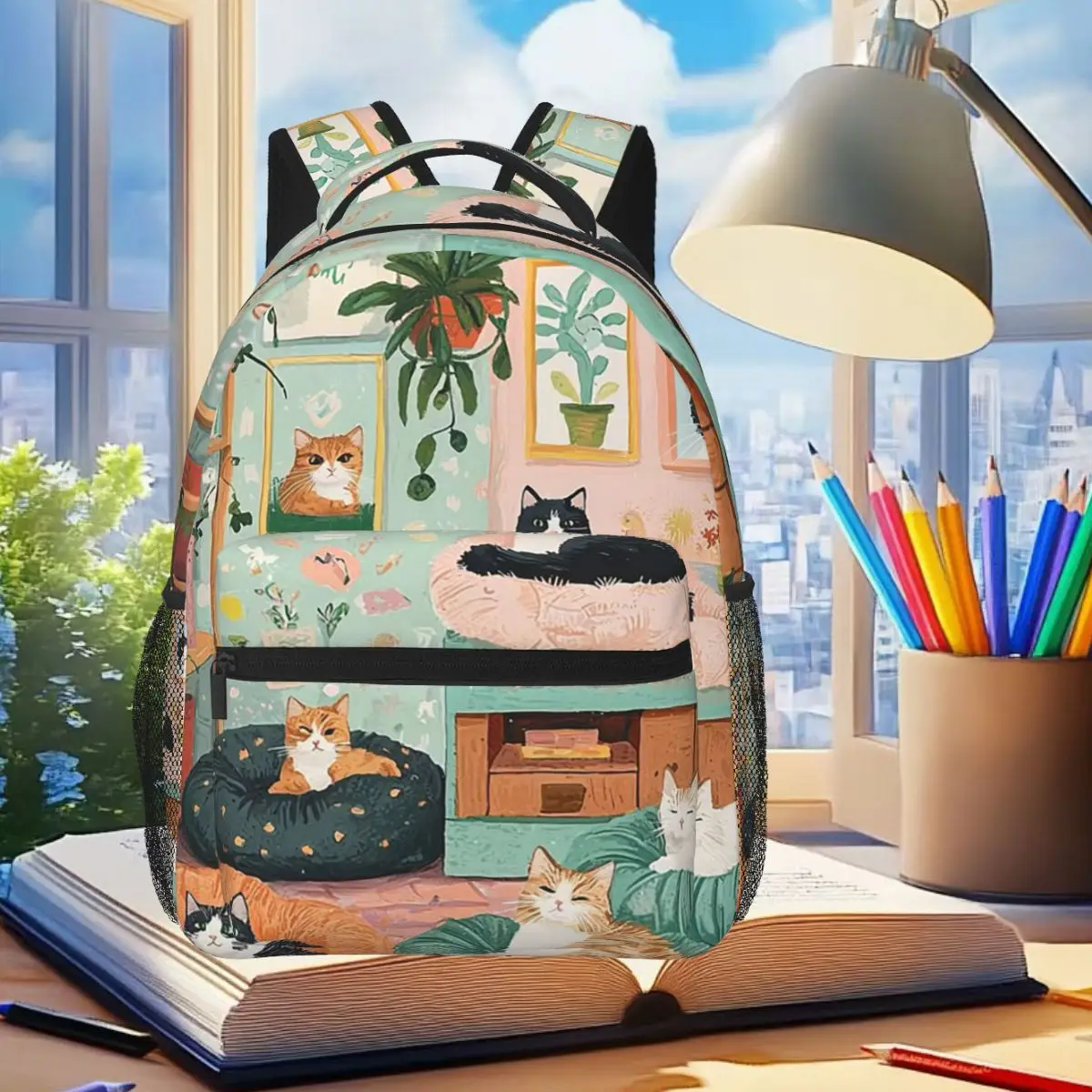 

Cartoon Various Cat In The Sofa Backpack Student Boys Girls BookBag Kids School Bag Laptop Shoulder Bags for Men Women
