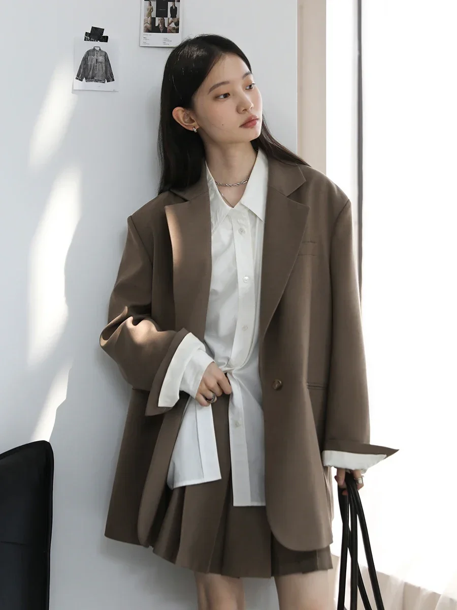 CHIC VEN Women\'s Blazer Loose New Single Button Jacket High Waist Pleated Skirt Female Clothing Set Spring Autumn 2024