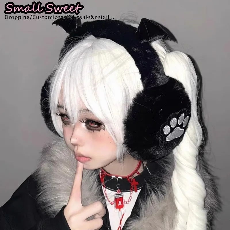 Harajuku Punk Girl Cat Claw Devil Cute Little Wings Earmuffs Women Plush Goth Warm Earmuffs Subculture Keep Warm Fold Headband