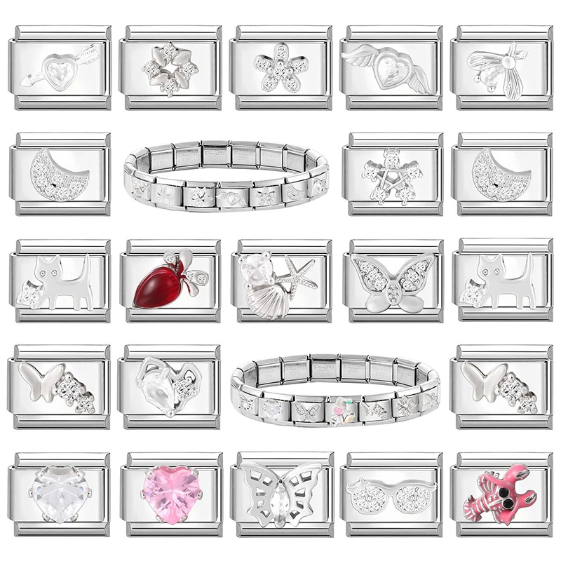 Y2K Zircon Crystal Butterfly Bow Knot Moon Italian Charm Links Fit 9mm Stainless Steel Bracelet Men Women DIY Making Gifts