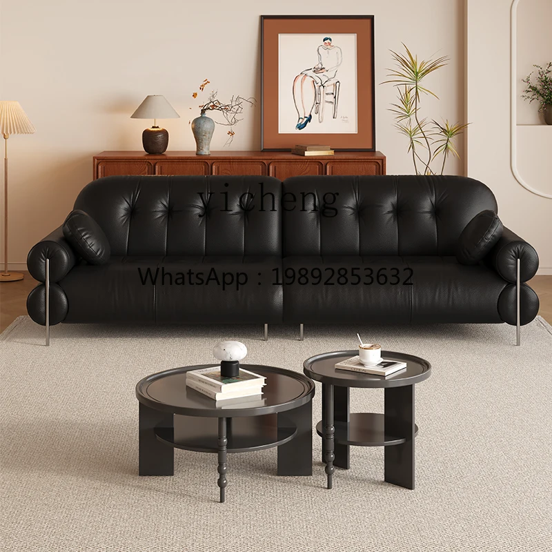 U1  French retro leather sofa light luxury black living room small apartment medium antique sofa