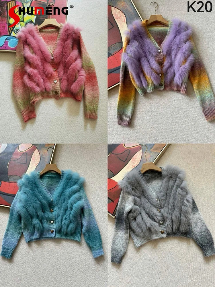 

2024 Women's Autumn New Fashion Knitted Tops Long Sleeve Fox Fur Short Sweater Cardigan Top Feminine Colorful Chic Fur Knitwears