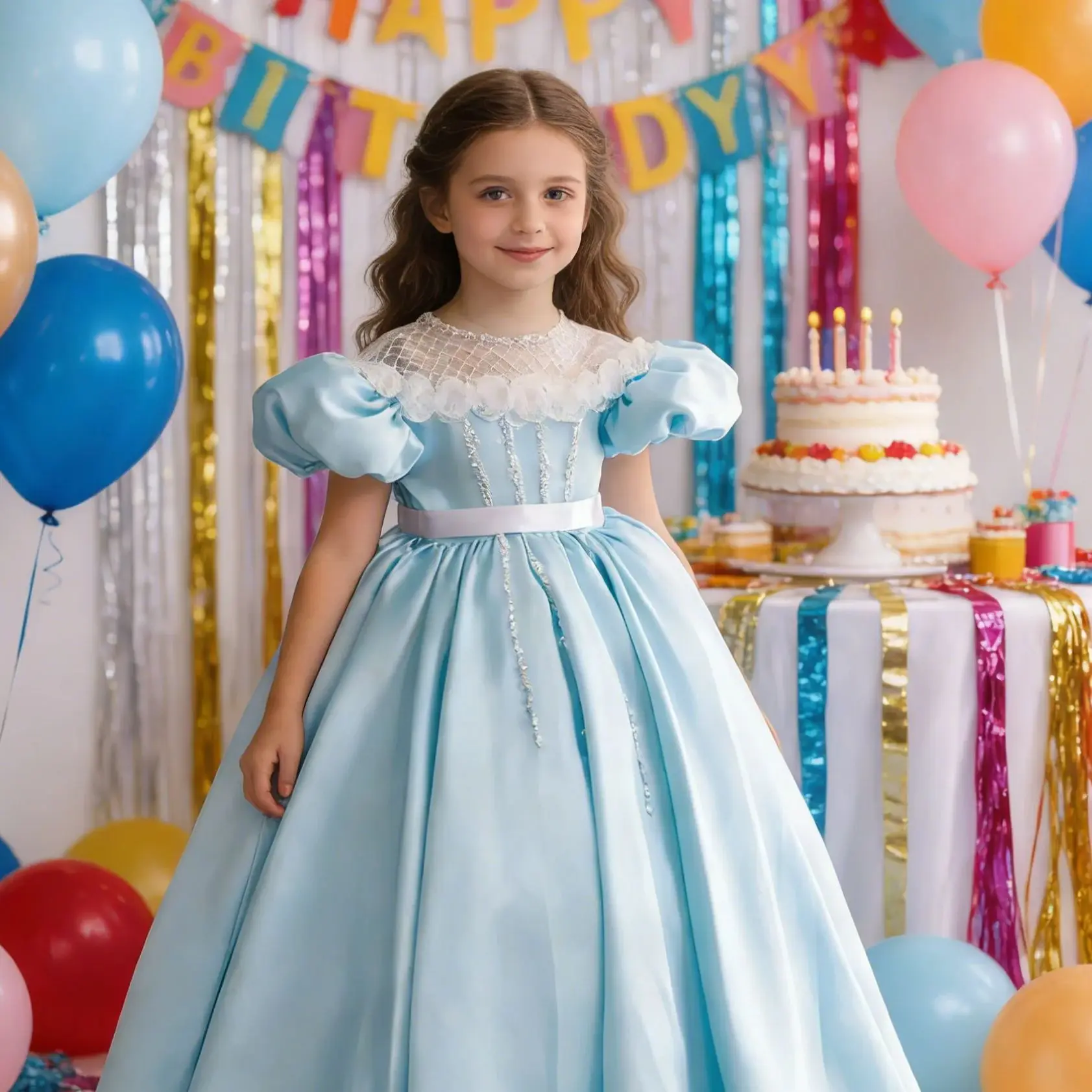 

Elegant Light Blue Customized Flower Girl Dresses For Wedding Floor Lenght Girl's Birthday Party First Communion Ball Gowns
