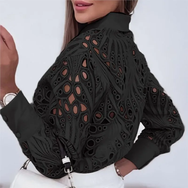 Women\'s Black White Office Blouses Spring Autumn Versatile Commuting Fashion Lace Hollow Long Sleeve Shirt For Women Clothing