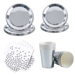 Silver Disposable Tableware Set Dinner Plate Cups Napkins Tablecloth Birthday Wedding Bachelor Party Supplies Baby Shower