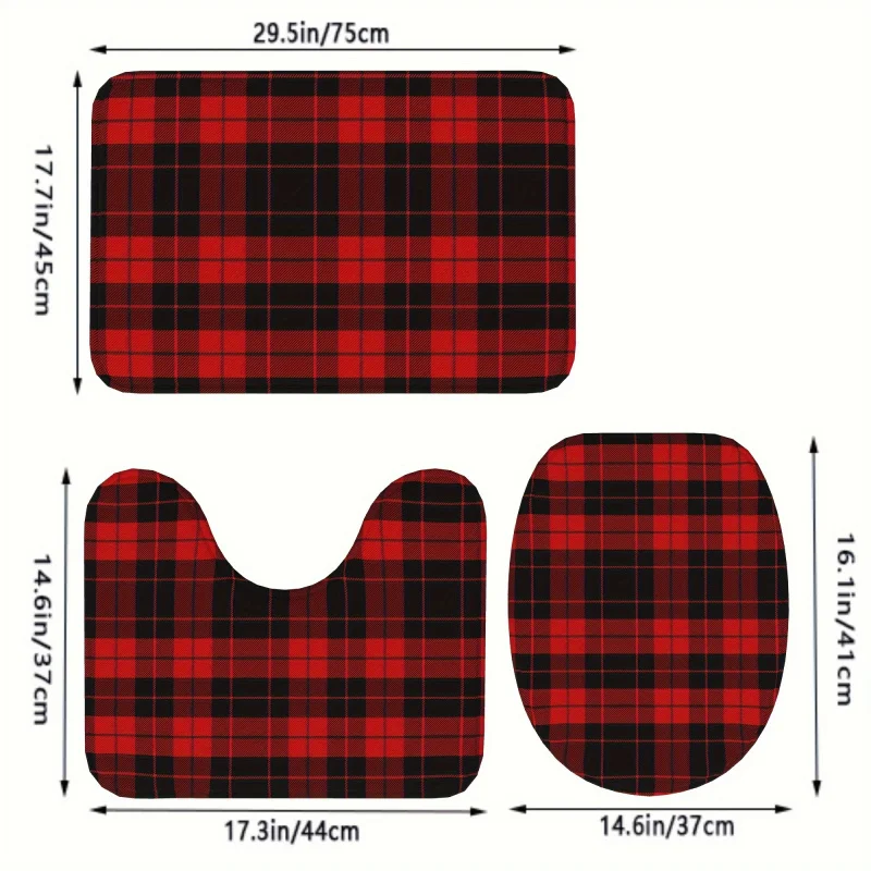 3pcs Ultra-Soft Plush Red & Black Buffalo Check Bathroom Rug Set - Non-Slip, Absorbent, and Moisture-Repellent Mats for Shower,