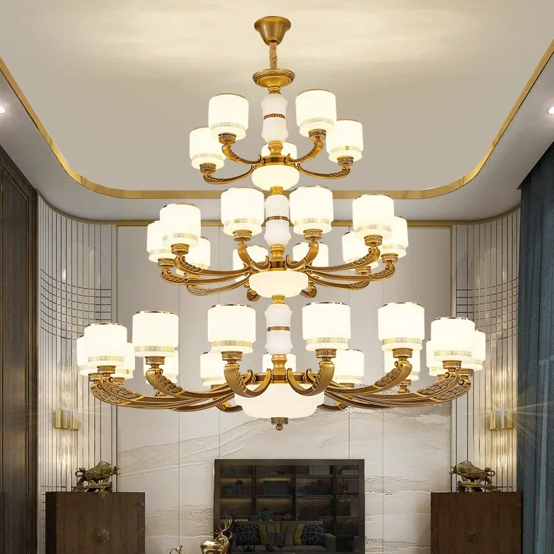 

New Chinese Style Large Chandelier Duplex Building Villa Lobby Living Room Light Jade Luxury Hotel Hollow Headligh