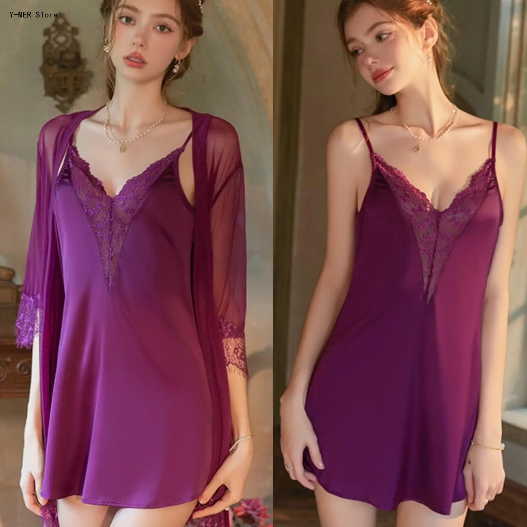 

Sexy Lace Deep V Plus-Size Loungewear Set, Open-Back Cami Slip Nightgown with Matching Robe for Women Sleepwear