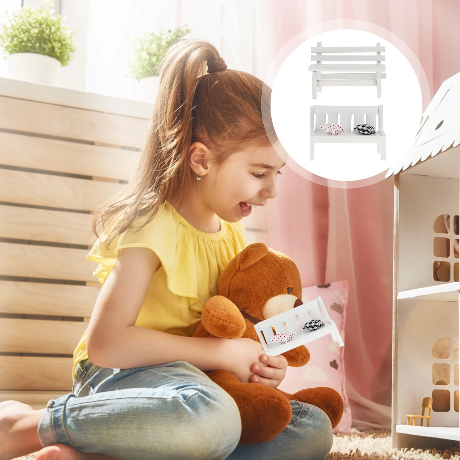 

2pcs Creative Wood Craft Chair Ornament Miniature Home Office Decoration Gift Pillow Pattern Horizontal Bench Bedroom Living