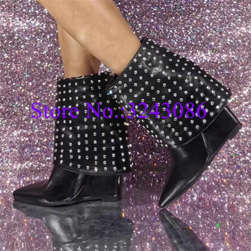 

New Black Leather Crystal Wedge Short Boots Woman Pointed Toe Slip-on Fashion Ankle Boots Lady Large Size Banquet Shoes Dropship