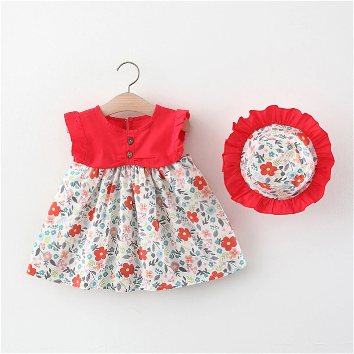 Children\'s dress and hat 2/piece set summer little girl top patchwork small floral flying sleeve dress