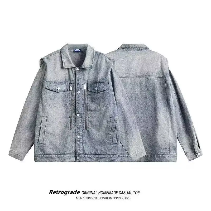 

Синяя джинсовая куртка Waed, свободная посадка, весенне-осенняя модная винтажная джинсовая куртка с подушечками, молодежное пальто из полиэстера