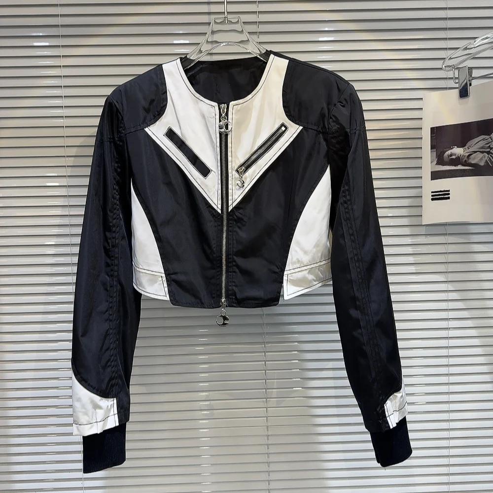 Street Sle Metal Zipper ort Jaet Women's Faion Trend Bla White Contrast Spicy Girl Outerwear Autumn New Arrival