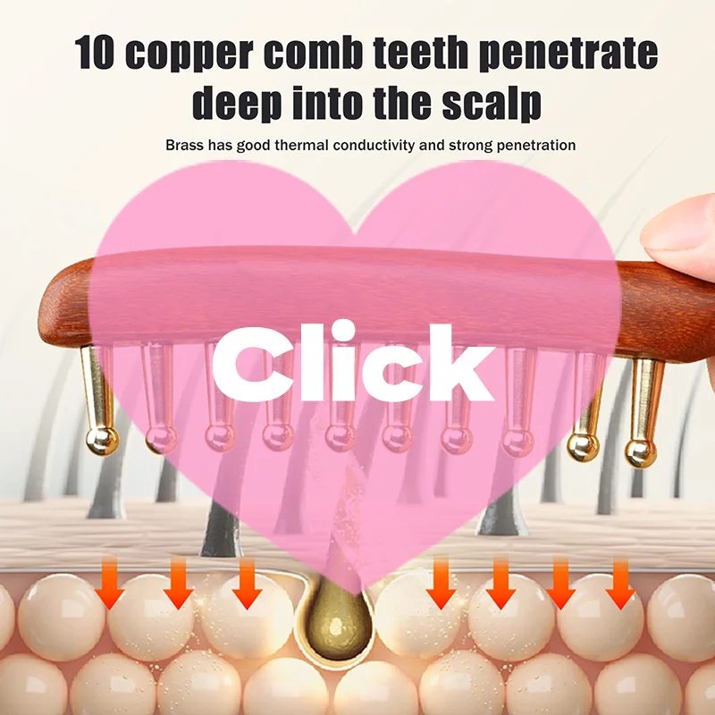 

10-Teeth Copper & Wood Massager Comb For Head Meridian Therapy And Relaxation Golden Sandalwood Scraping Guasha Long Handle
