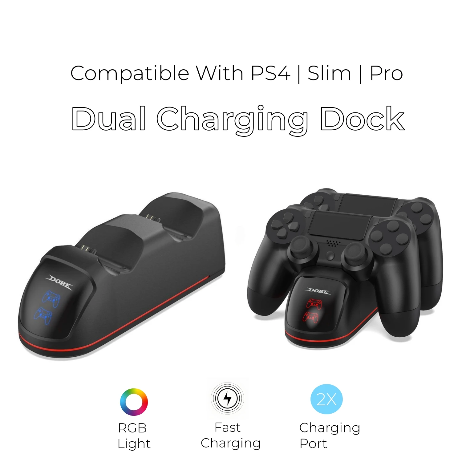 Dual Charger Dock for PS4/PS4 Slim/PS4 Pro Wireless Controller RGB Effect Fast Charging Station,Charge Indicator PS4 Accessory