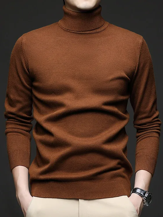 

Мужской вязаный свитер средней длины с высоким воротником, повседневная универсальная теплая базовая одежда, однотонная модная осенне-зимняя одежда