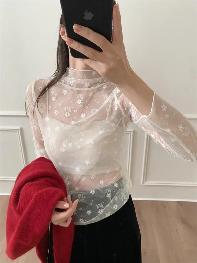 

Женская тонкая кружевная футболка с длинным рукавом, прозрачная, для многослойных образов, с высоким воротником, цветочным принтом и вышивкой, базовая модель для повседневной носки
