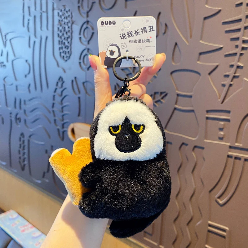 Cartoon Plush Saki Monkey Holding Twigs White Face Dudu Bag Pendant Keychains Cute Chimpanzee Eat Banana Doll Keyring Trinket