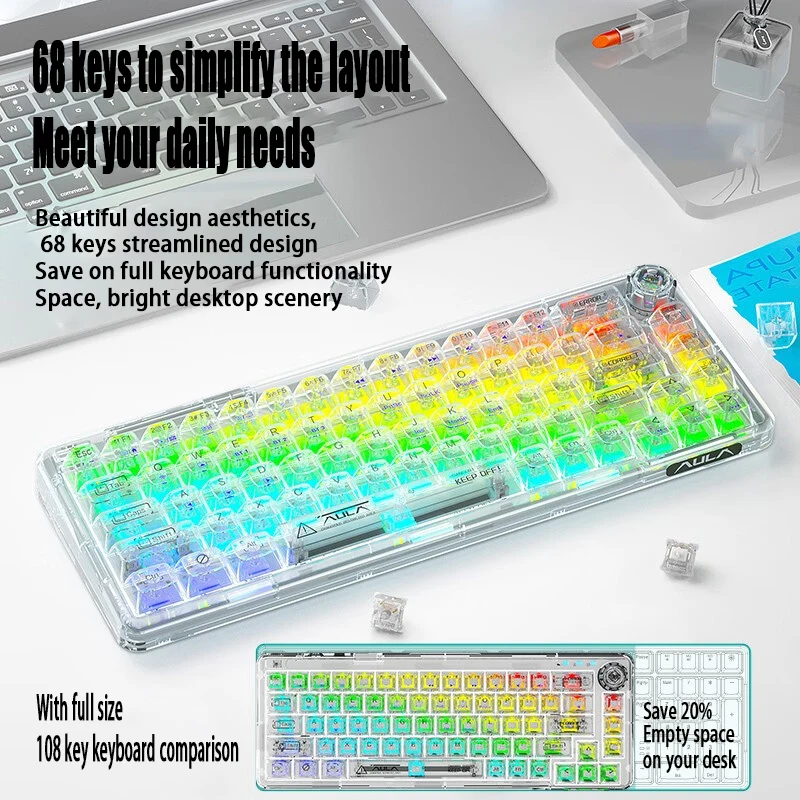 

F68 Wireless Bluetooth The Third Mock Examination Mechanical Keyboard Transparent Gateway Customized Wired RGB Plug Ice Ice