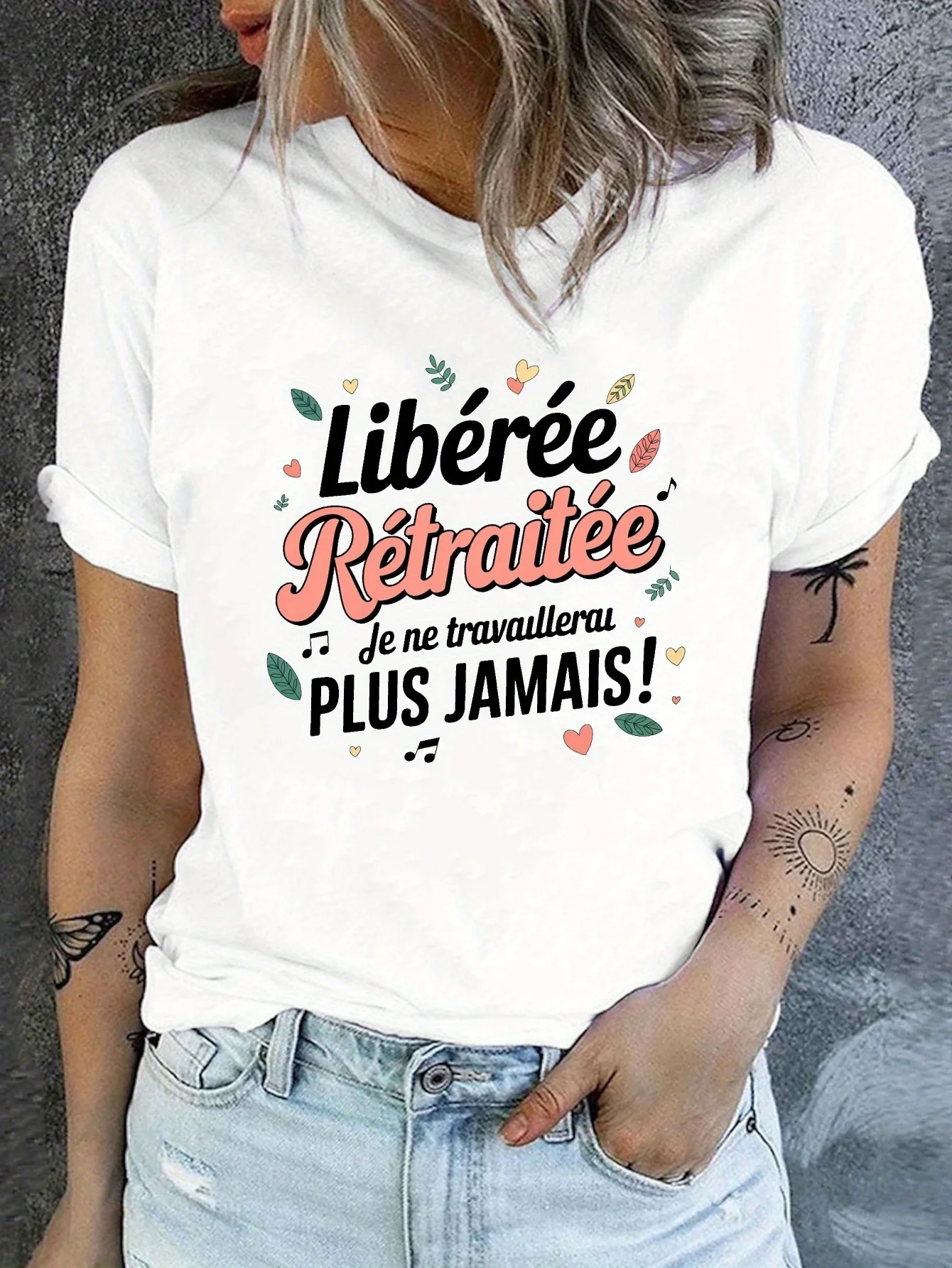 Retirement Celebration Quote Graphic T Shirt for Women French Slogan Floral Heart Print Short Sleeve Casual Top Streetwear Daily