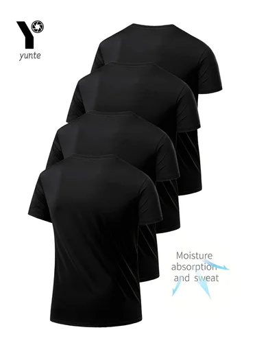 Imagen 2 del producto Camiseta de cuello redondo, paquete de 4, camisa negra ultraligera de secado rápido para hombre, transpirable, absorbente del sudor, adecuada para fitness, gimnasio y correr