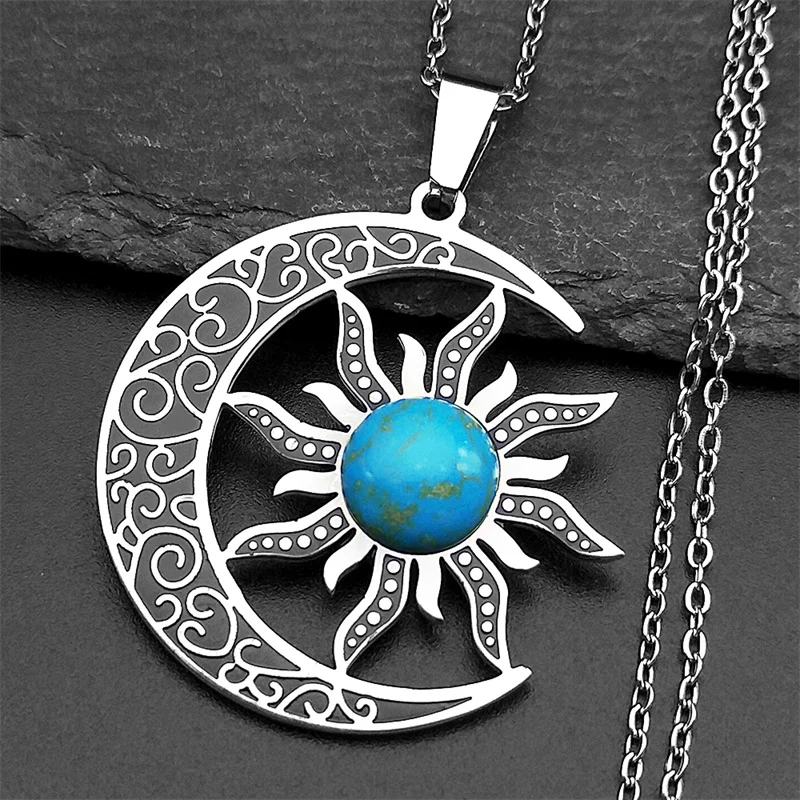 New Vintage Moon and Sun Pendant Necklaces for Women Men Stainless Steel Blue Pine Stone Crescent Moon Trendy Necklace Jewelry