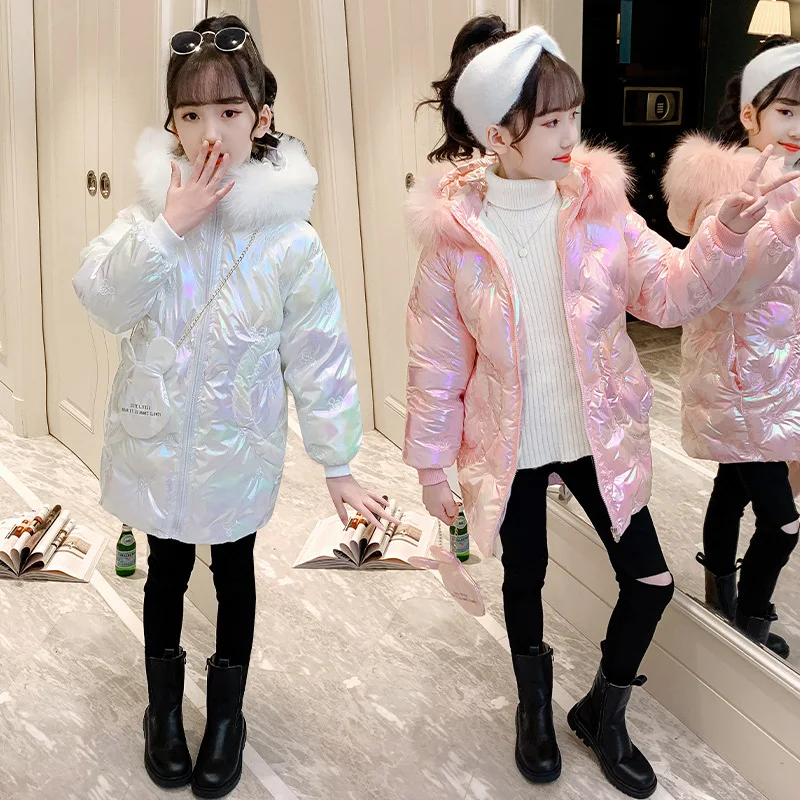 

Girls Down Coat Jacket Cotton Outwear Overcoat 2022 Pink Warm Thicken Plus Velvet Winter Breathable Children's Clothing