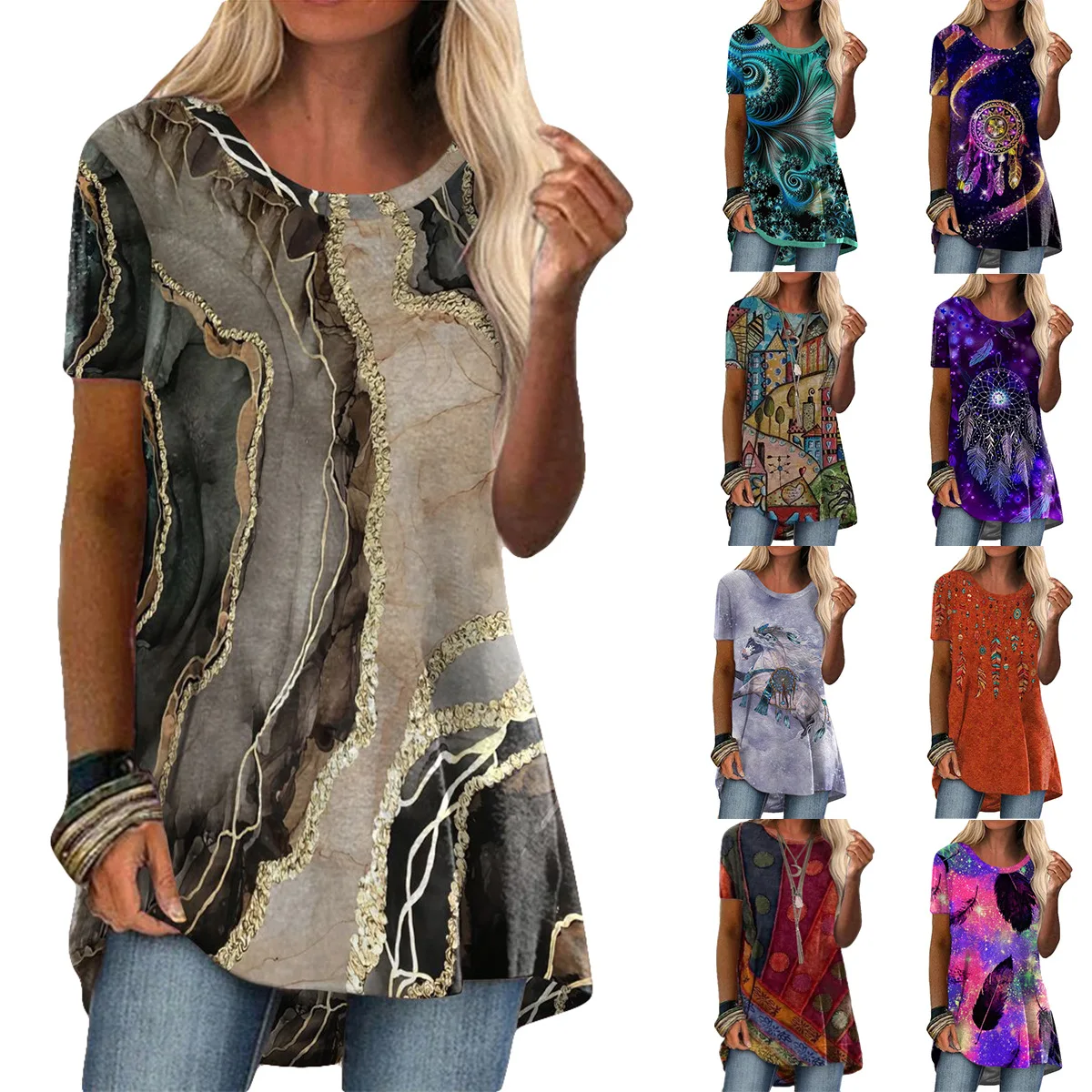 

2026 new women's round neck casual ethnic style retro printed short sleeved T-shirt