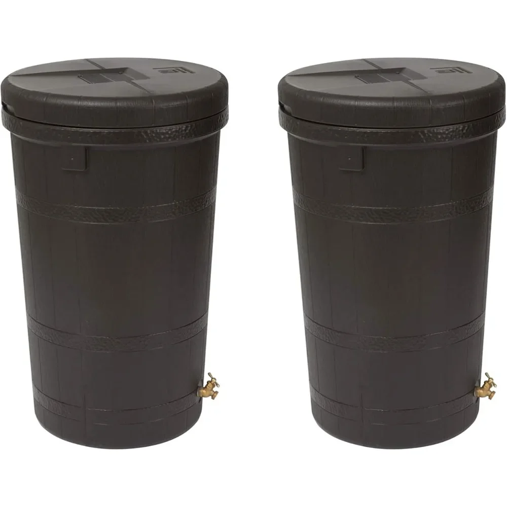 

Aspen 50 Gallon Capacity Rain Barrel Water Storage Collector Saver with Brass Spigot and Removable Lid, Oak Brown